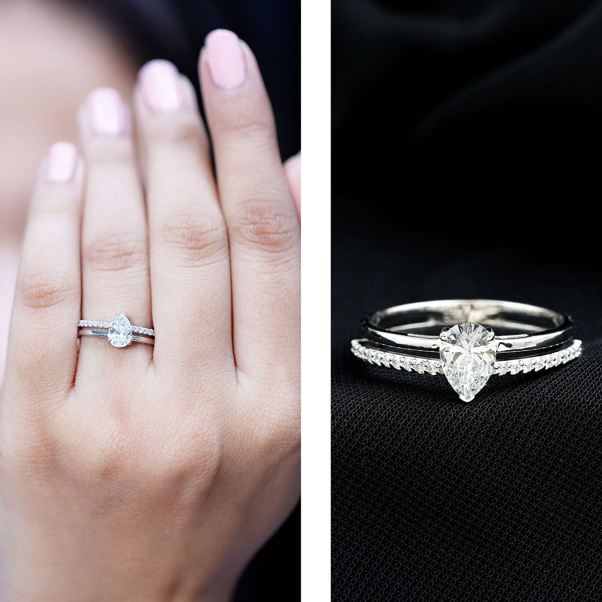 Pear Cut Solitaire Moissanite Double Band Engagement Ring