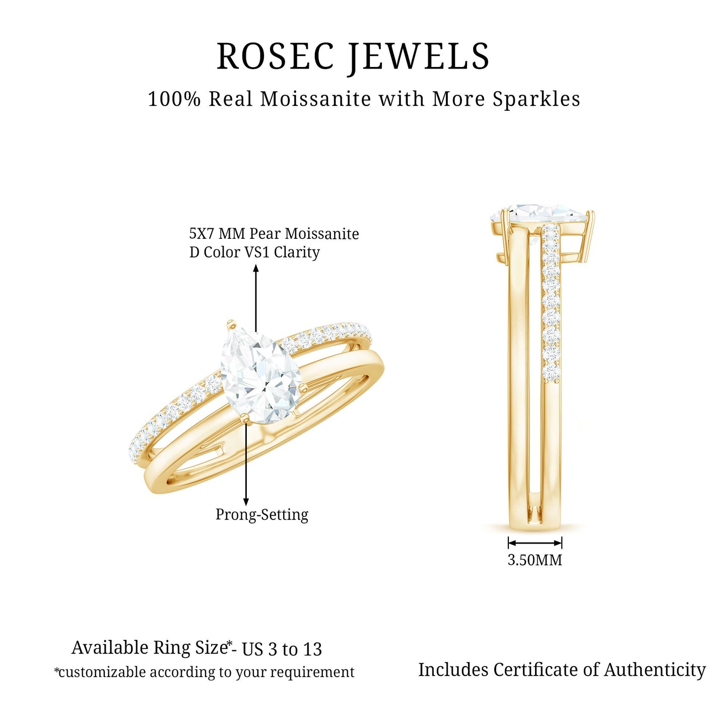 Pear Cut Solitaire Moissanite Double Band Engagement Ring