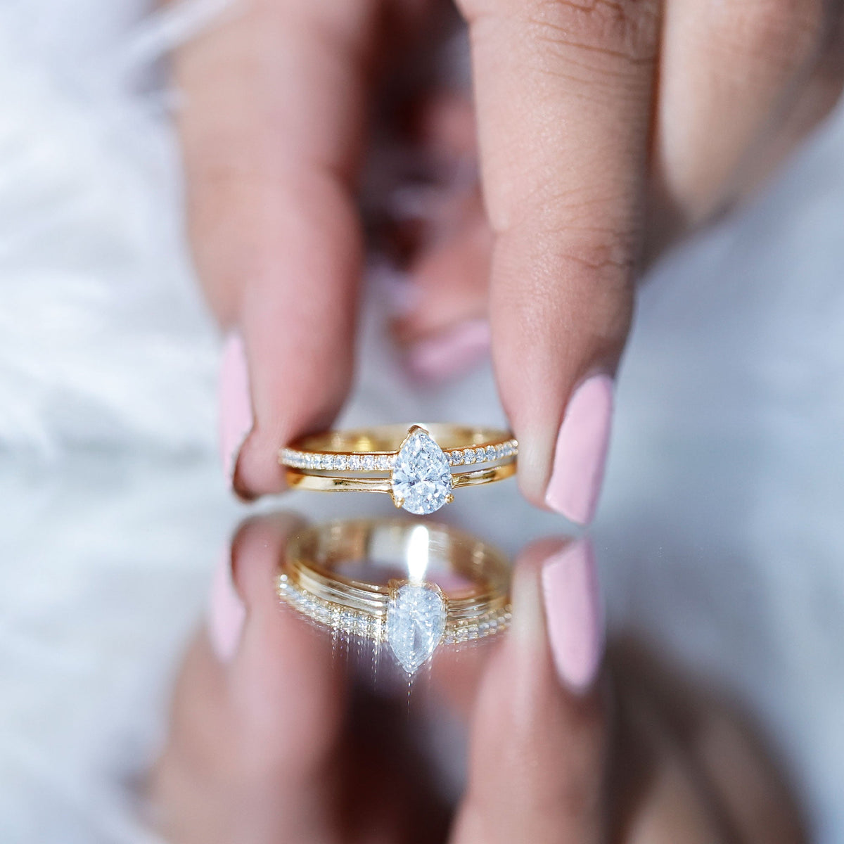 Pear Cut Solitaire Moissanite Double Band Engagement Ring