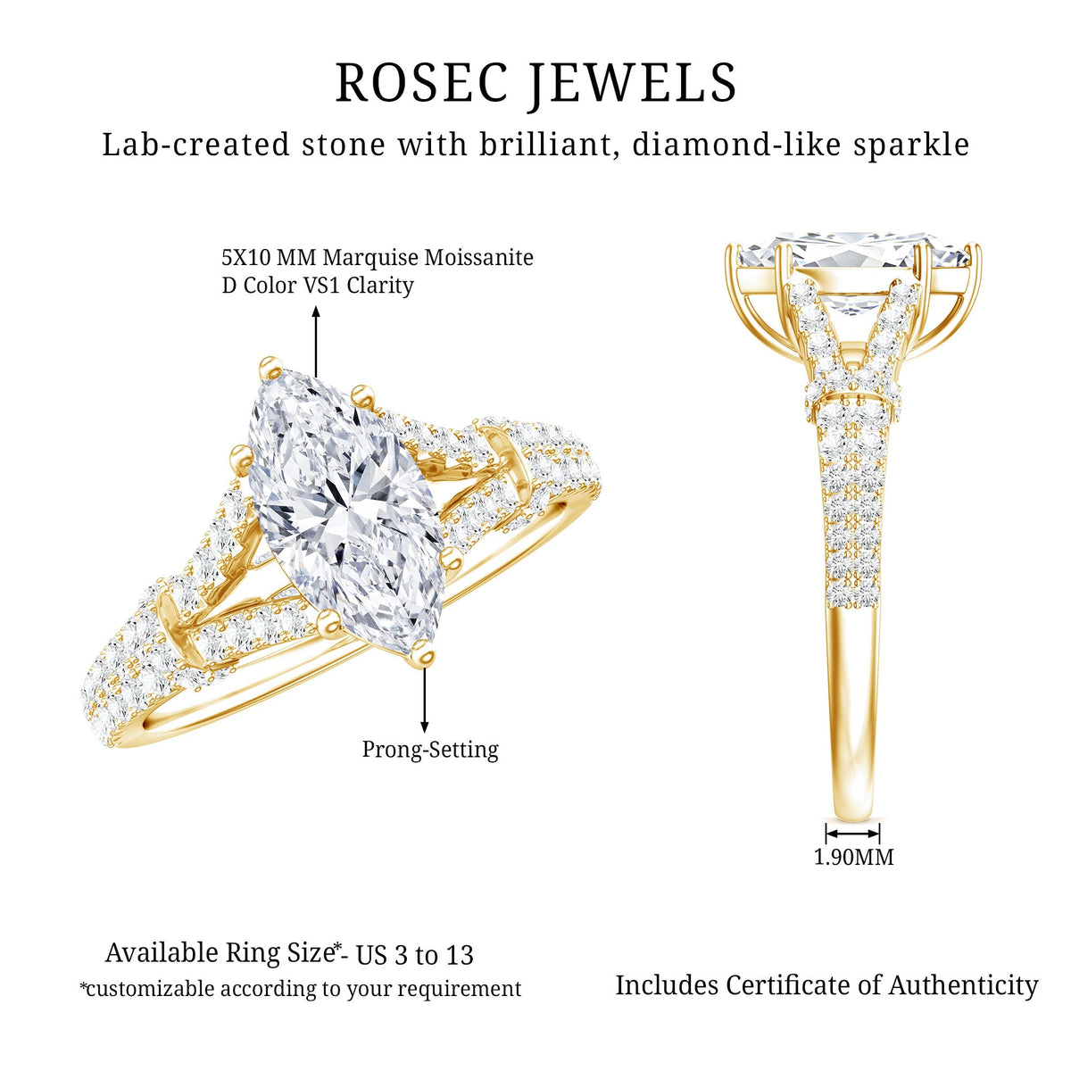 Marquise Cut Moissanite Solitaire Engagement Ring in Split Shank