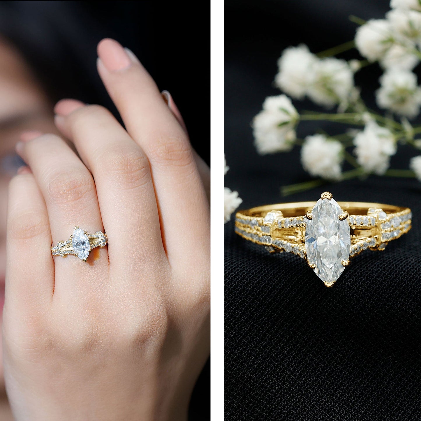 Marquise Cut Moissanite Solitaire Engagement Ring in Split Shank