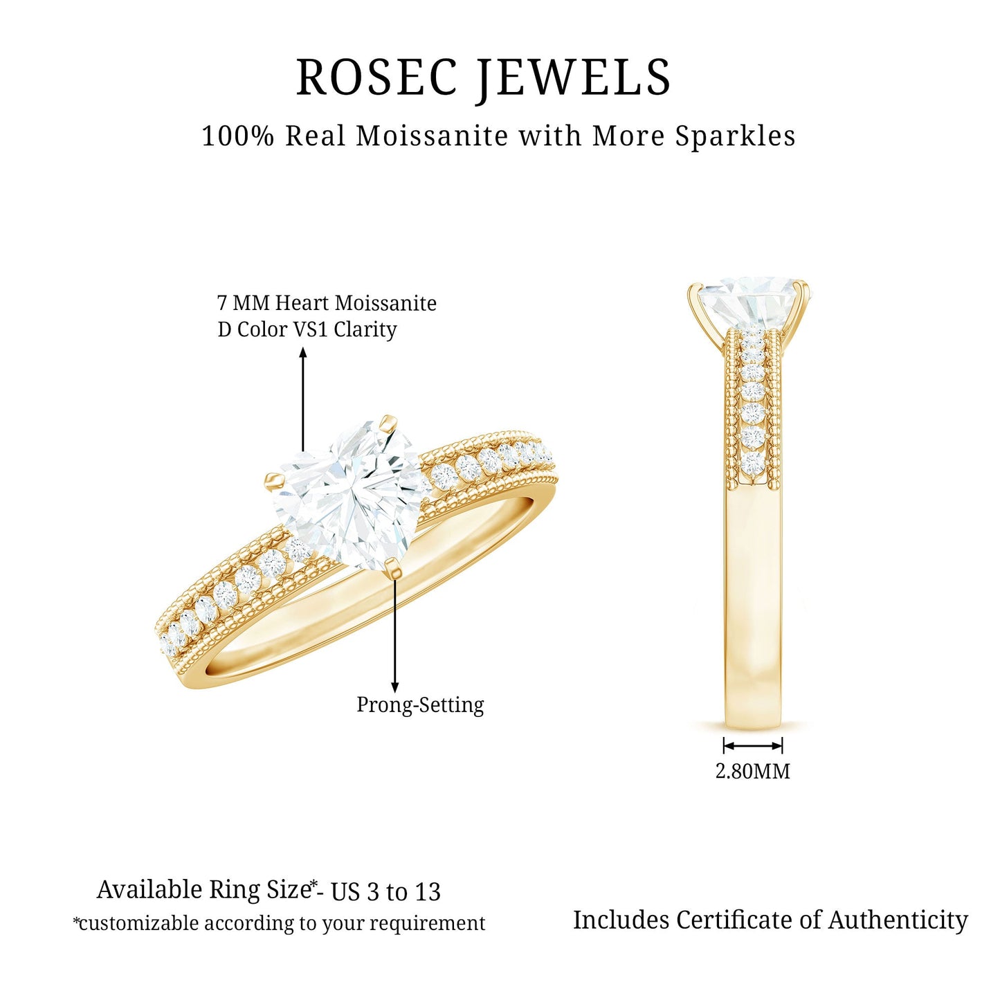 1.5 Carat Heart Shape Moissanite Engagement Ring with Side Stones and Beaded Details