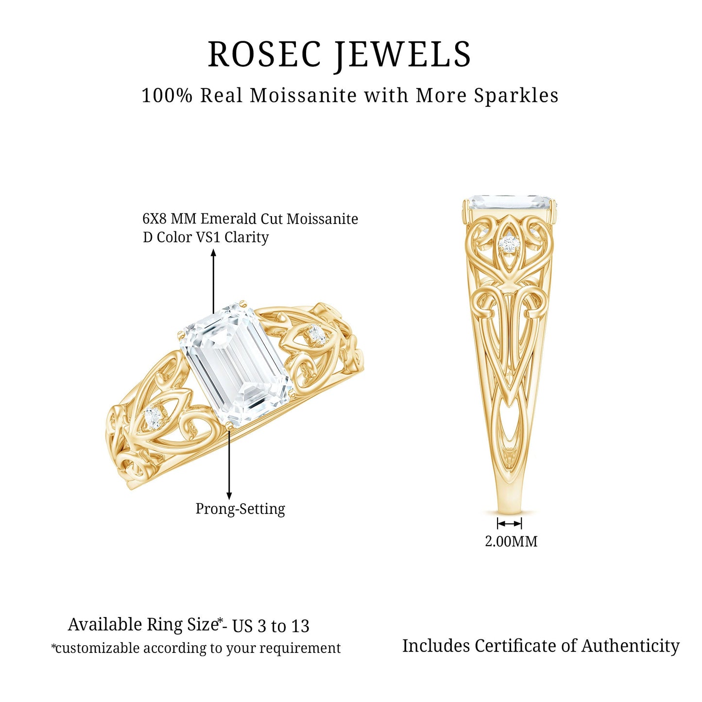 1.8 Carat Emerald Cut Moissanite Vintage Inspired Solitaire Ring