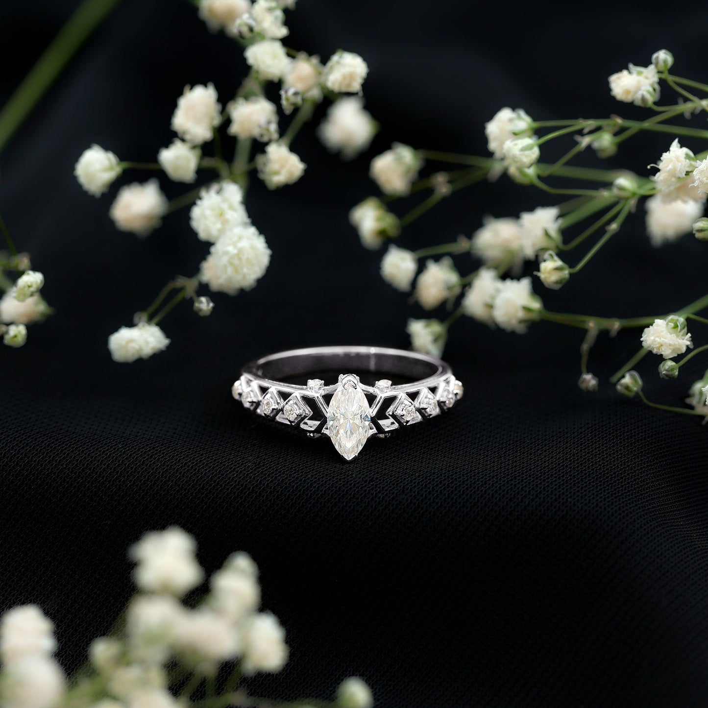 Art Deco Looking Moissanite Marquise Engagement Ring