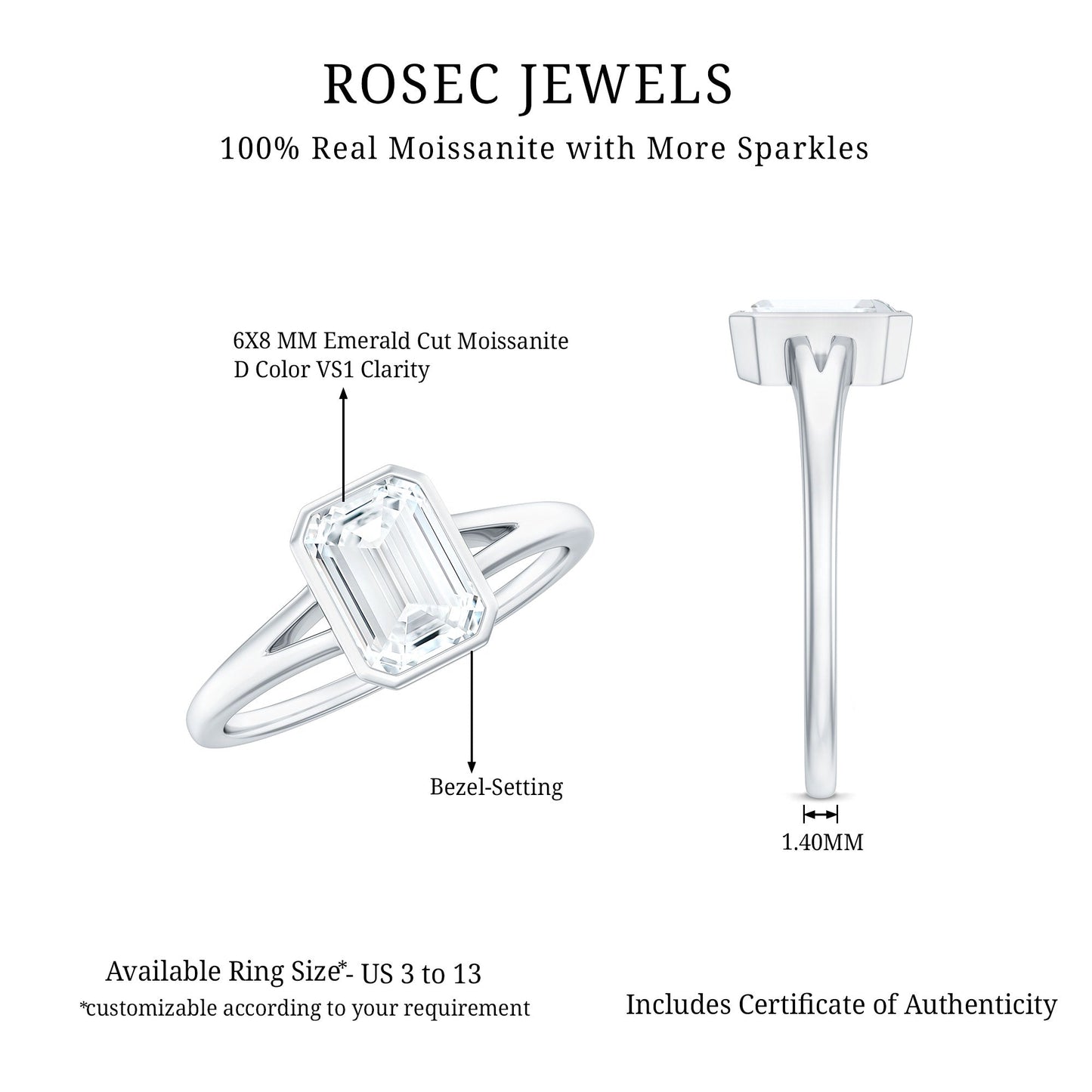 1.8 Carat Emerald Cut Moissanite Bezel Set Engagement Ring with Split Shank