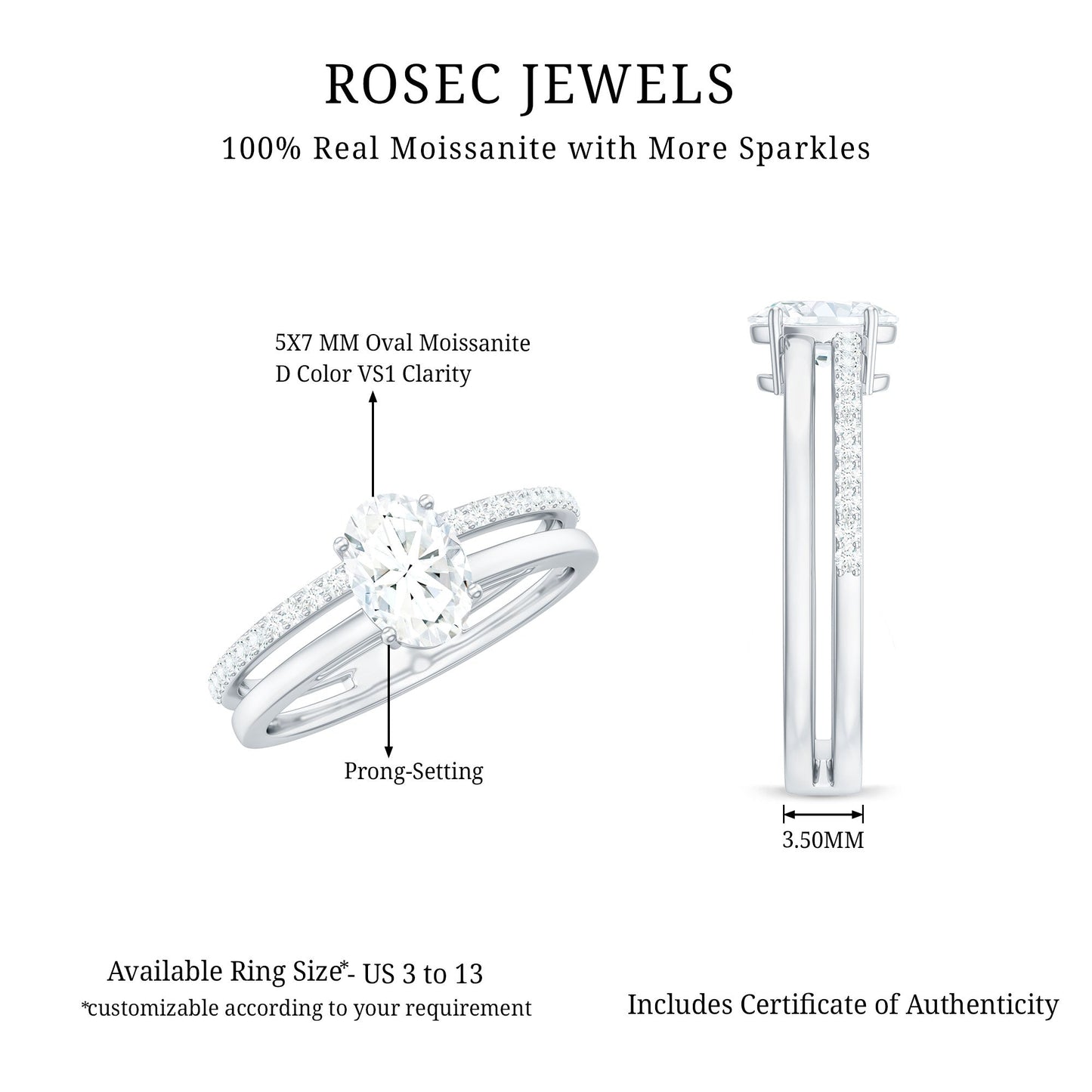 Oval Cut Solitaire Moissanite Double Band Engagement Ring