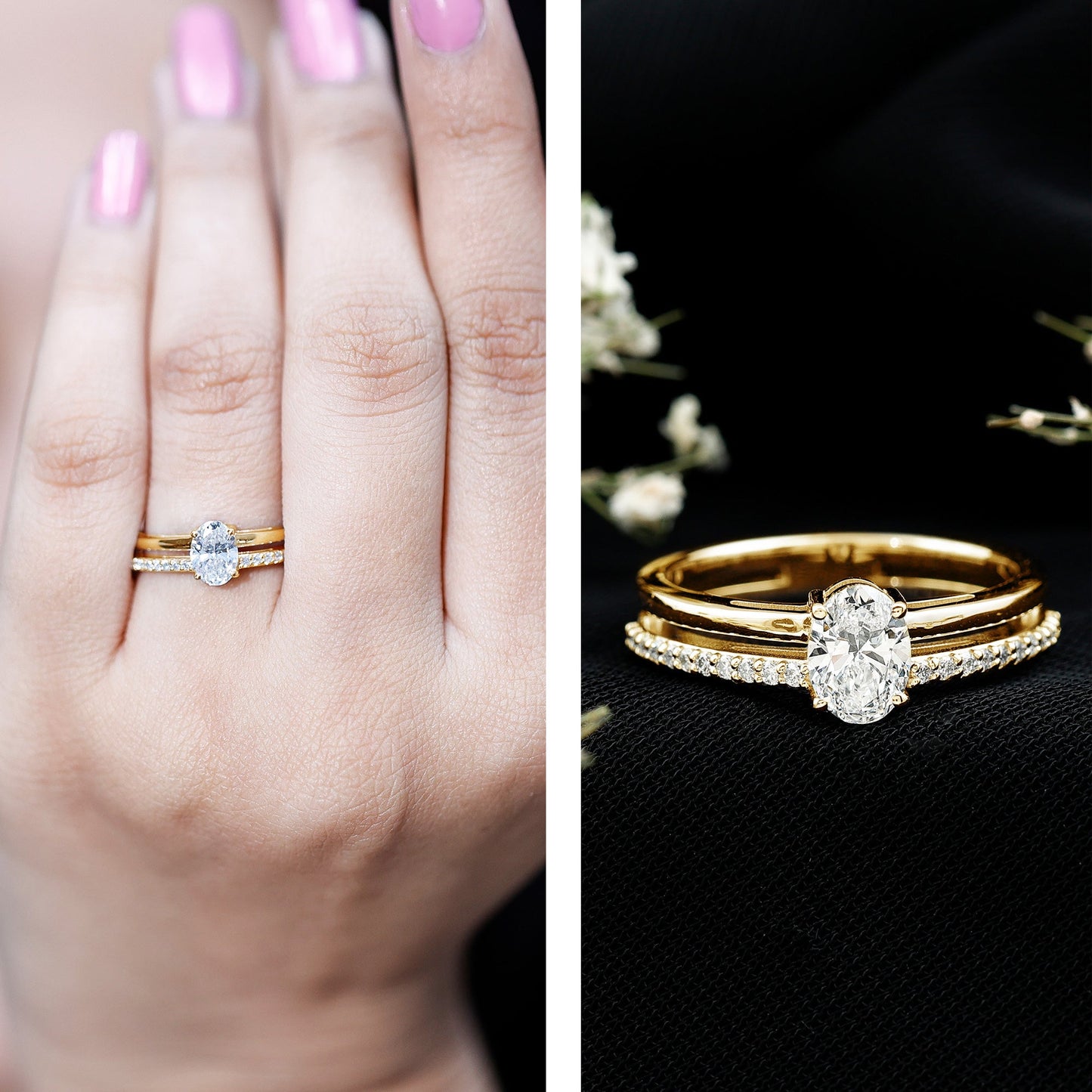 Oval Cut Solitaire Moissanite Double Band Engagement Ring