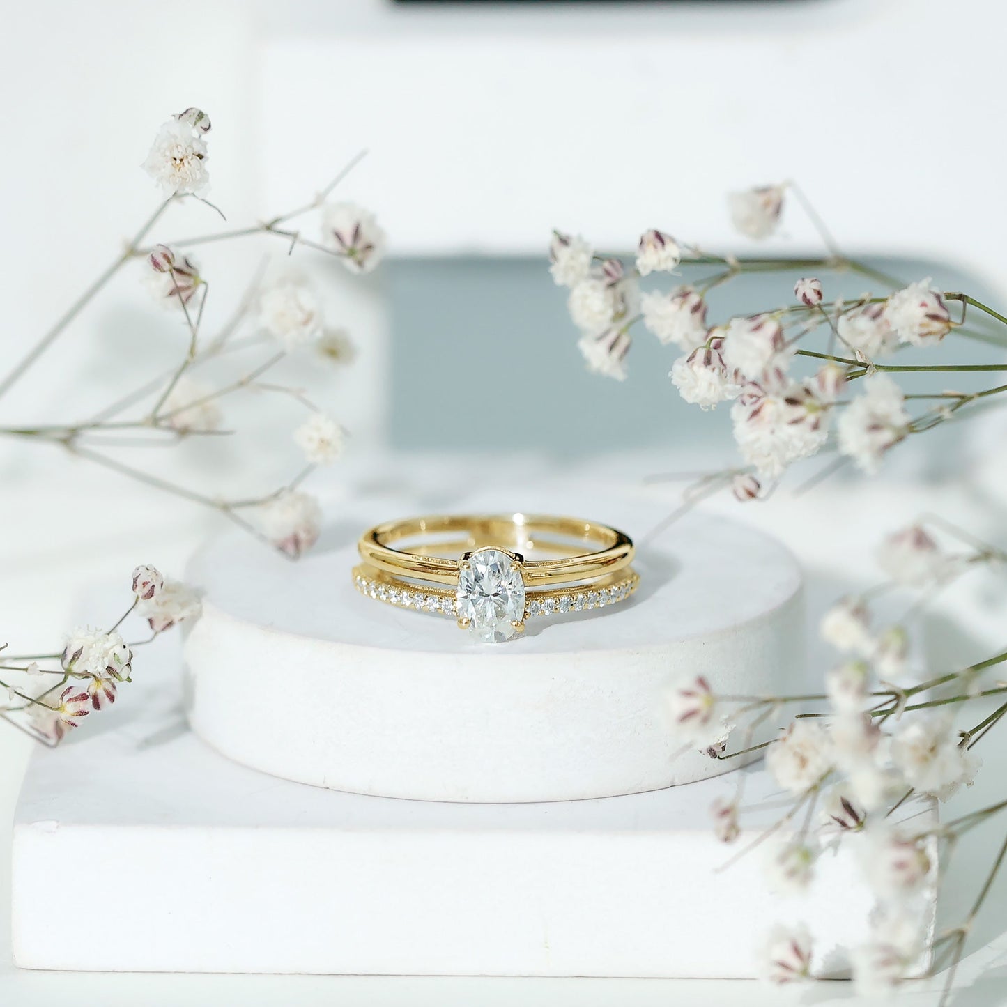 Oval Cut Solitaire Moissanite Double Band Engagement Ring