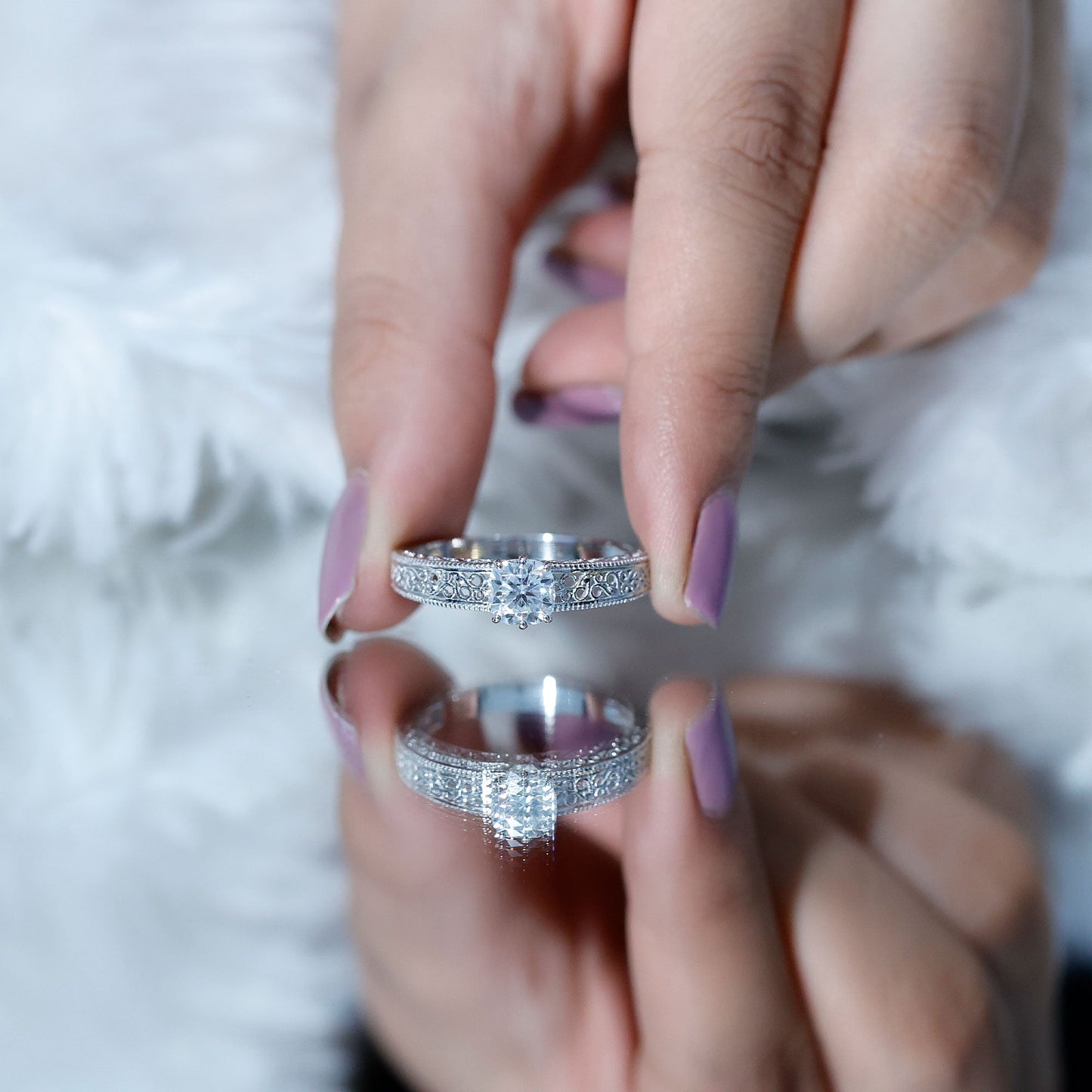 Cushion Cut Solitaire Moissanite Engagement Ring with Filigree Detail