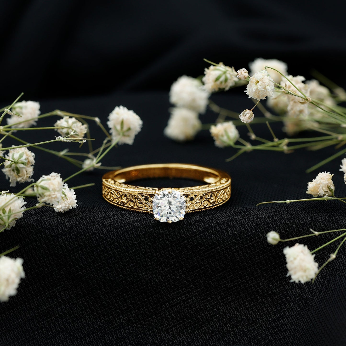Cushion Cut Solitaire Moissanite Engagement Ring with Filigree Detail