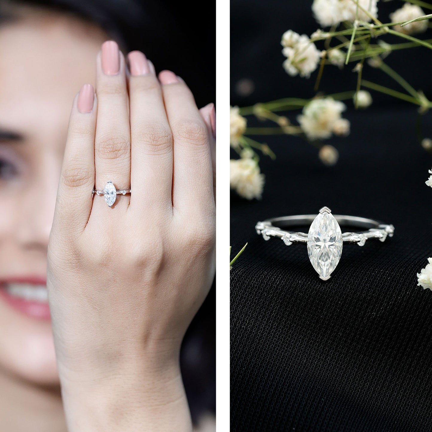 Large Marquise Cut Moissanite Solitaire Engagement Ring
