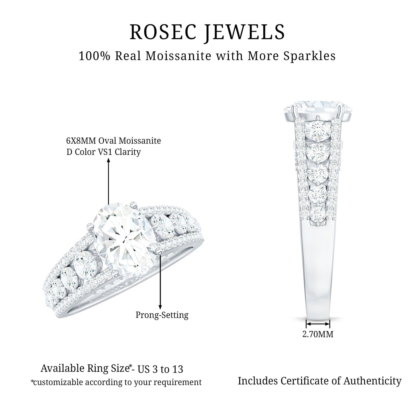 Certified Moissanite Oval Engagement Ring with Side Stones
