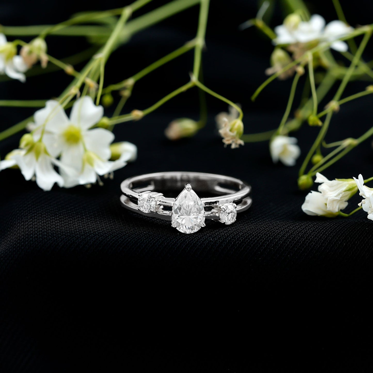 Pear Cut Moissanite Engagement Ring with Double Band
