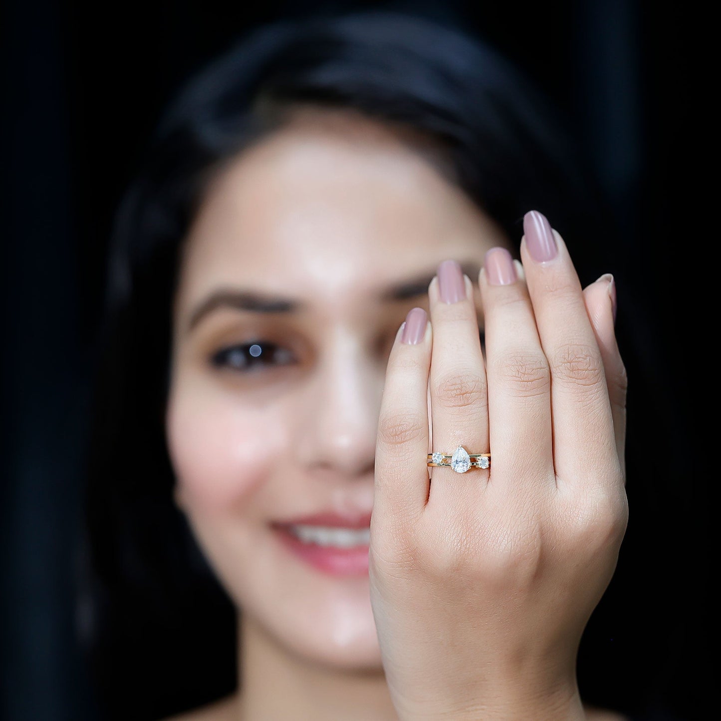 Pear Cut Moissanite Engagement Ring with Double Band