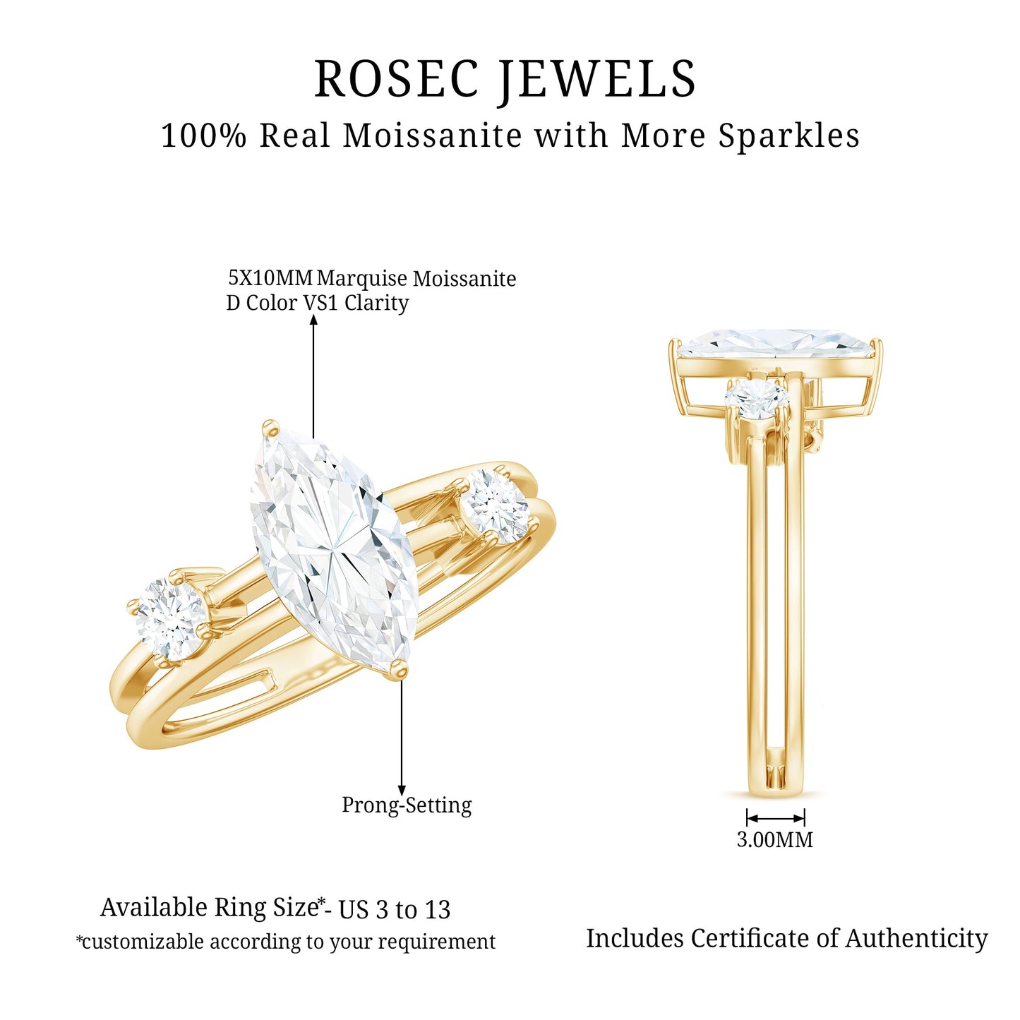 Certified Moissanite Marquise Engagement Ring