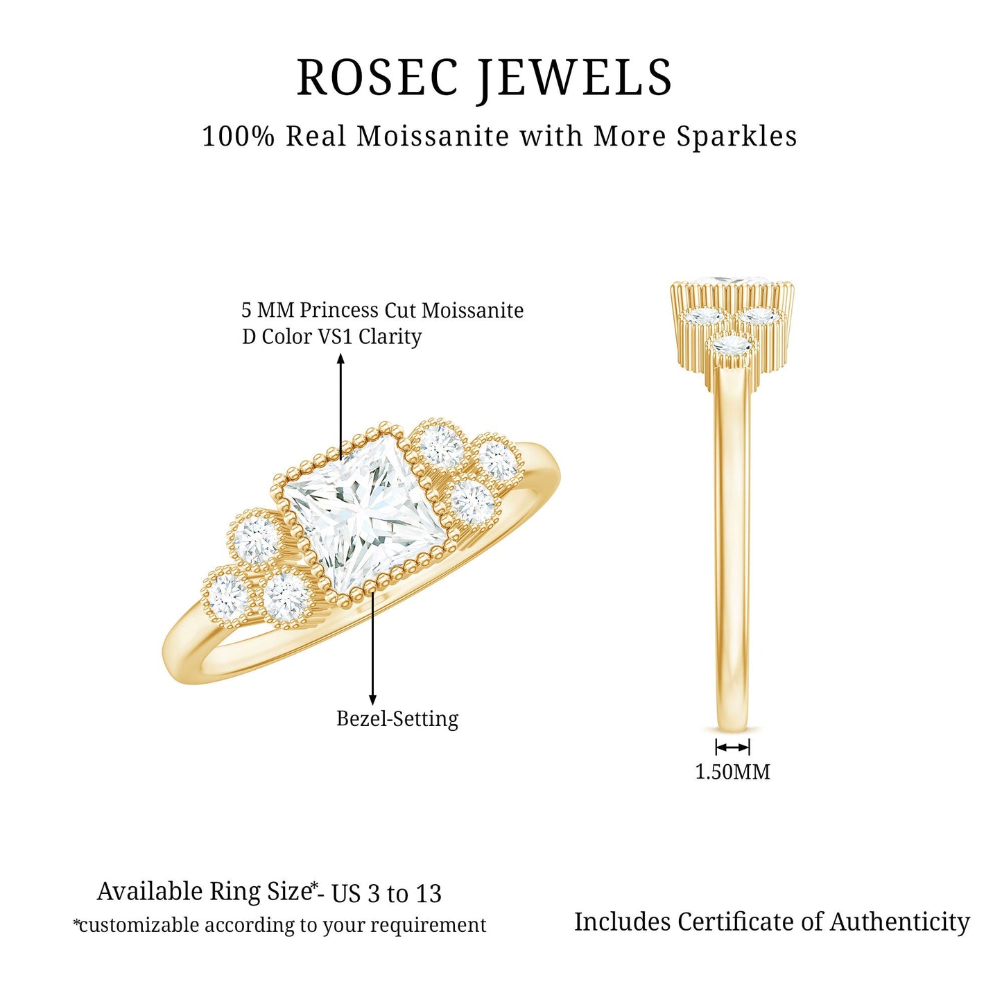 0.7 Carat Princess Cut Moissanite Classic Solitaire Engagement Ring