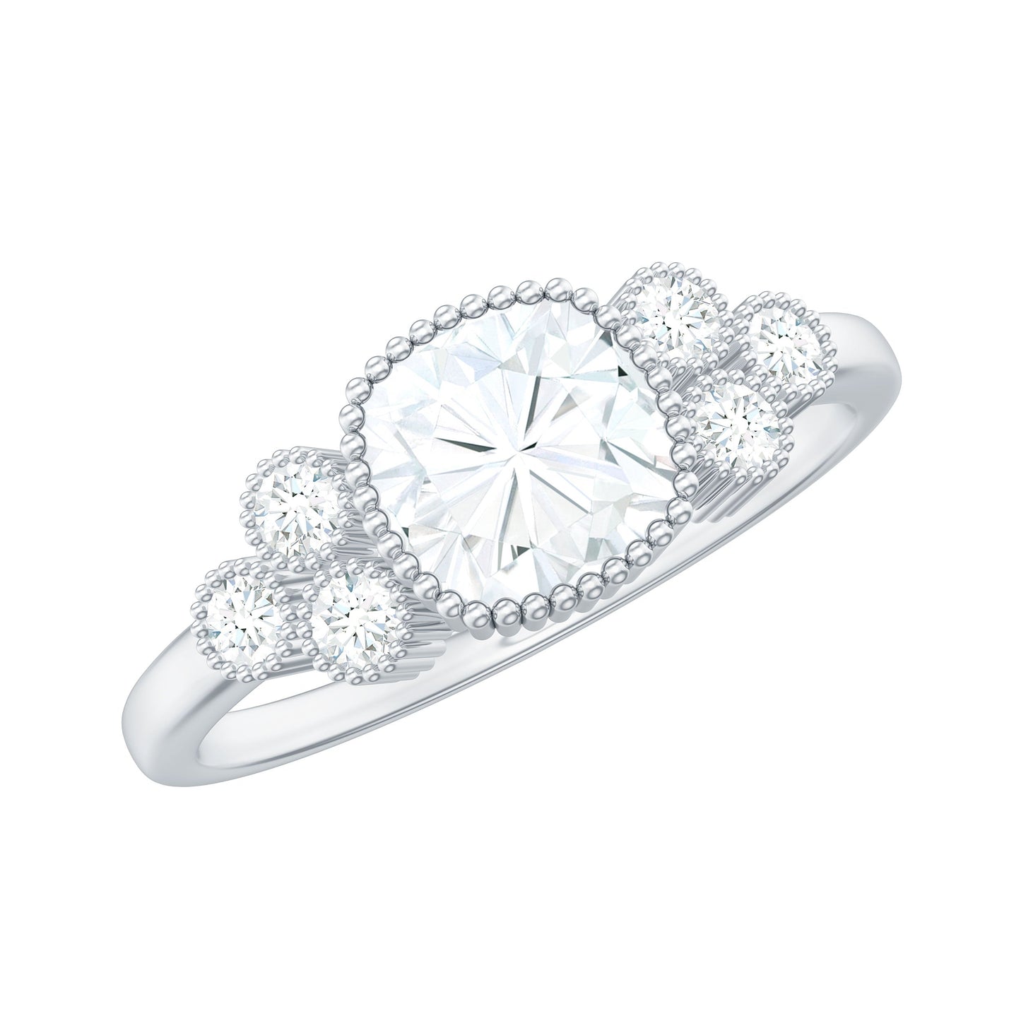 1.7 Carat Cushion Cut Moissanite Engagement Ring with Cluster Accent