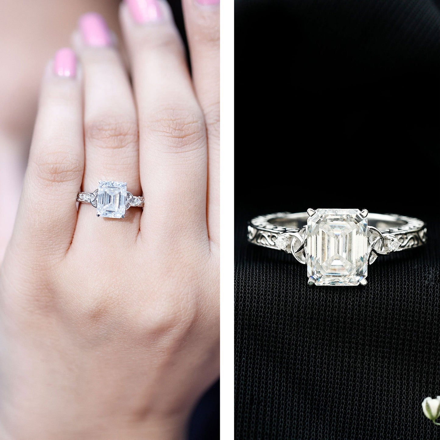 2.8 Carat Emerald Cut Moissanite Solitaire Celtic Ring with Engraved Shank