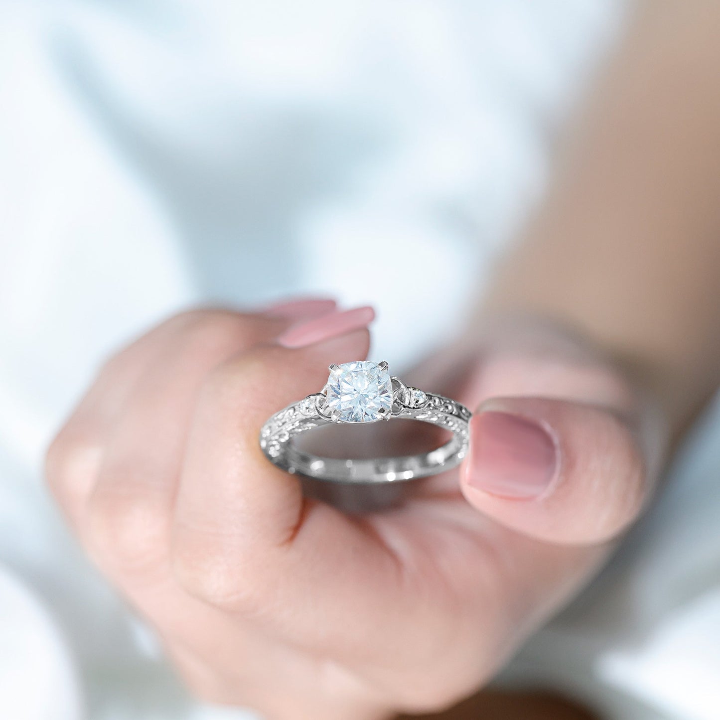 Cushion Cut Moissanite Antique Style Engagement Ring