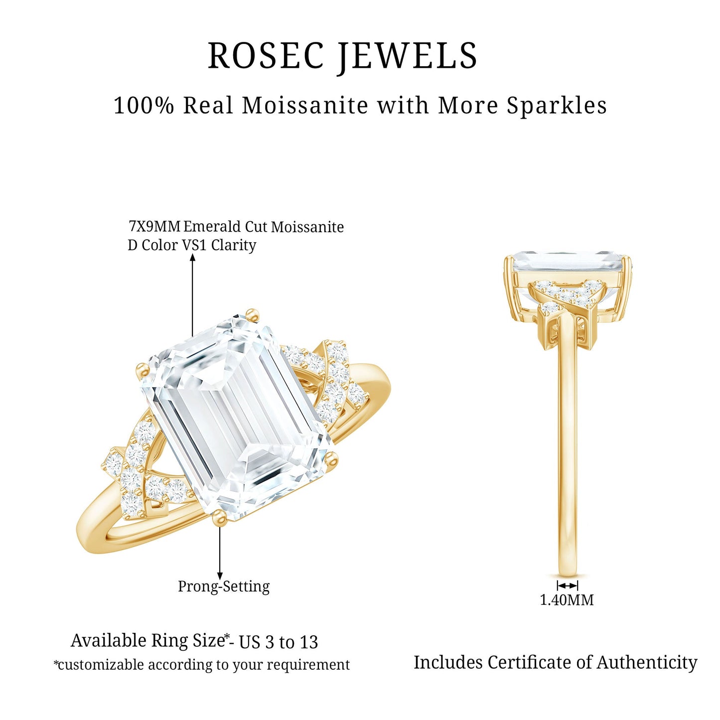 2.8 Carat Emerald Cut Certified Moissanite Solitaire Engagement Ring
