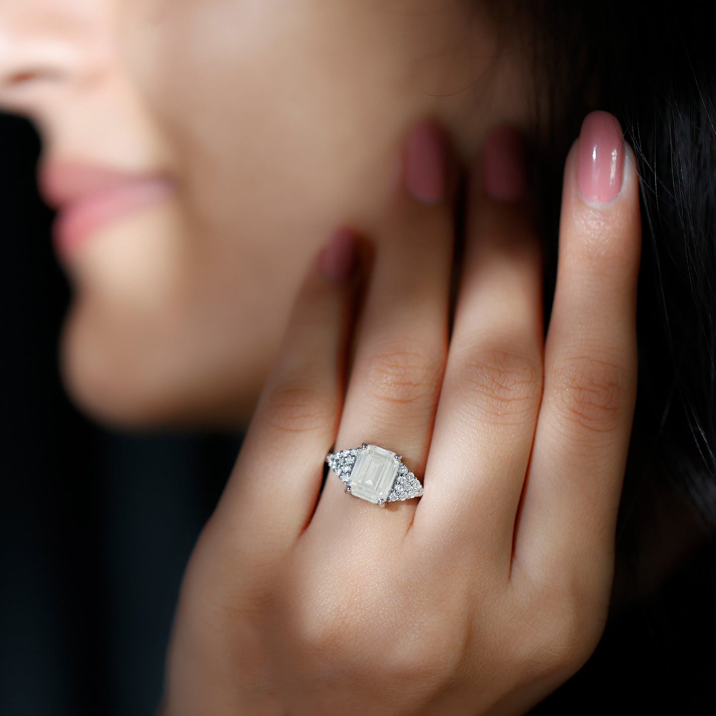 Certified Moissanite Emerald Cut Engagement Ring with Cluster Stones