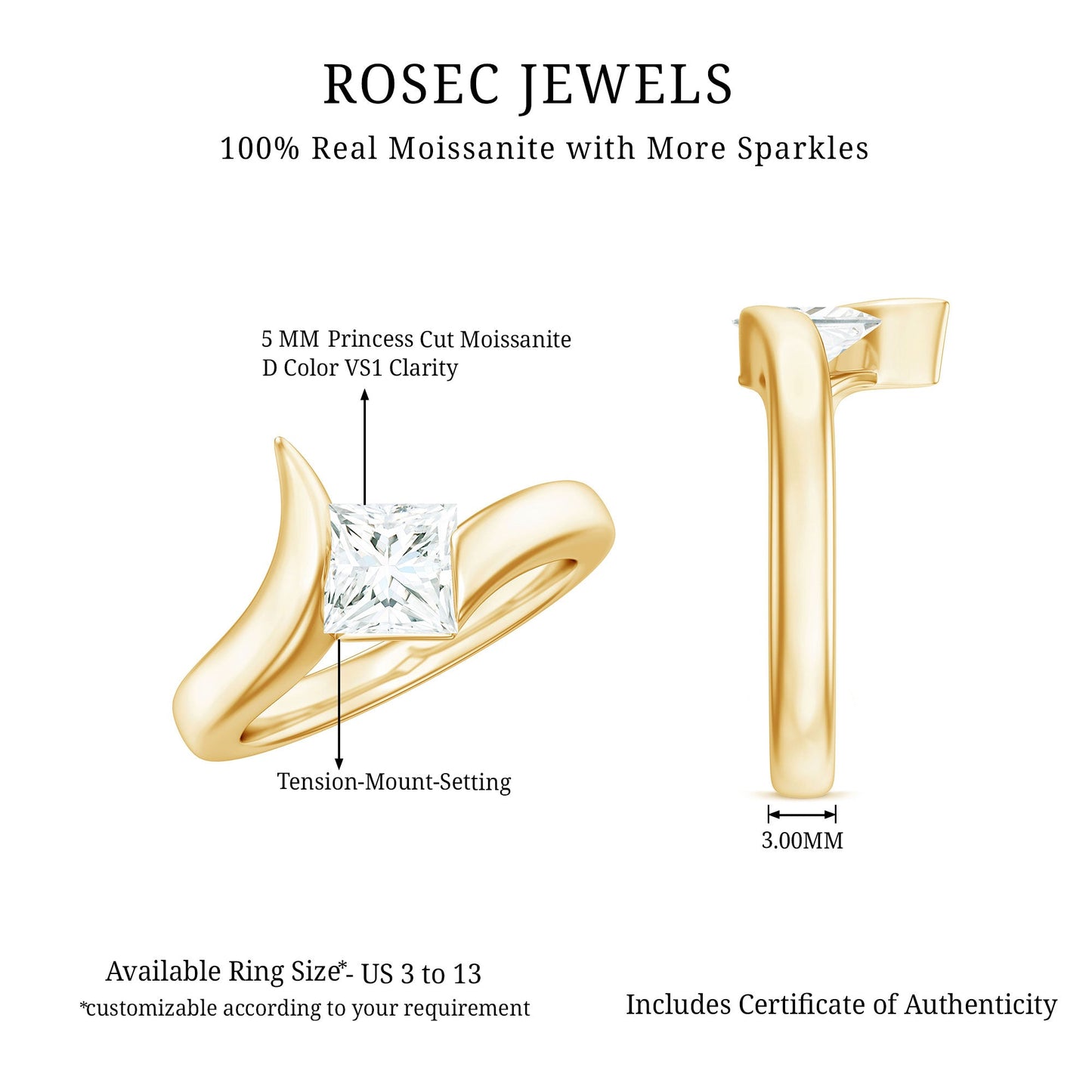 0.7 Carat Princess Cut Moissanite Solitaire Ring in Tension Setting