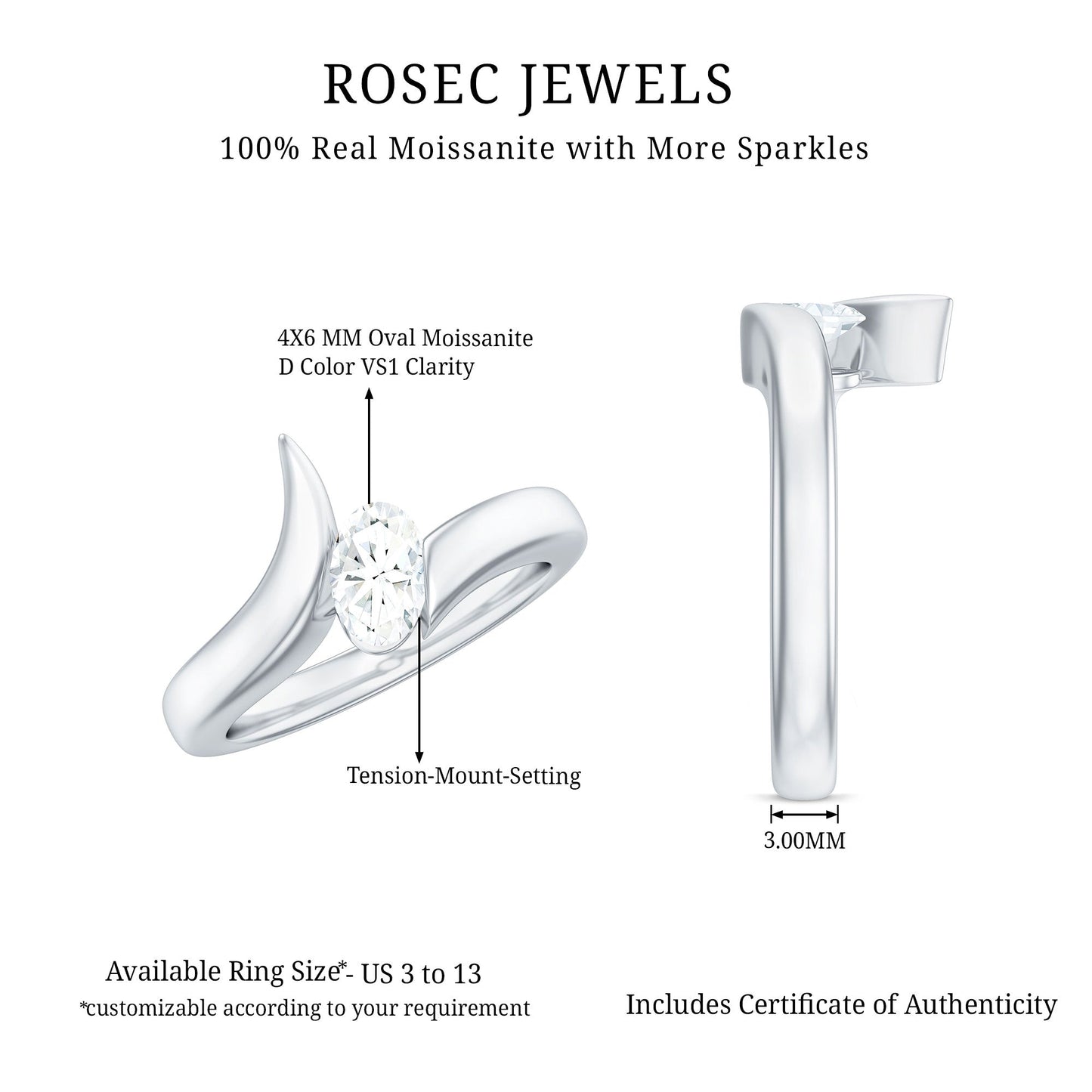 0.4 Carat Oval Cut Moissanite Solitaire Bypass Ring