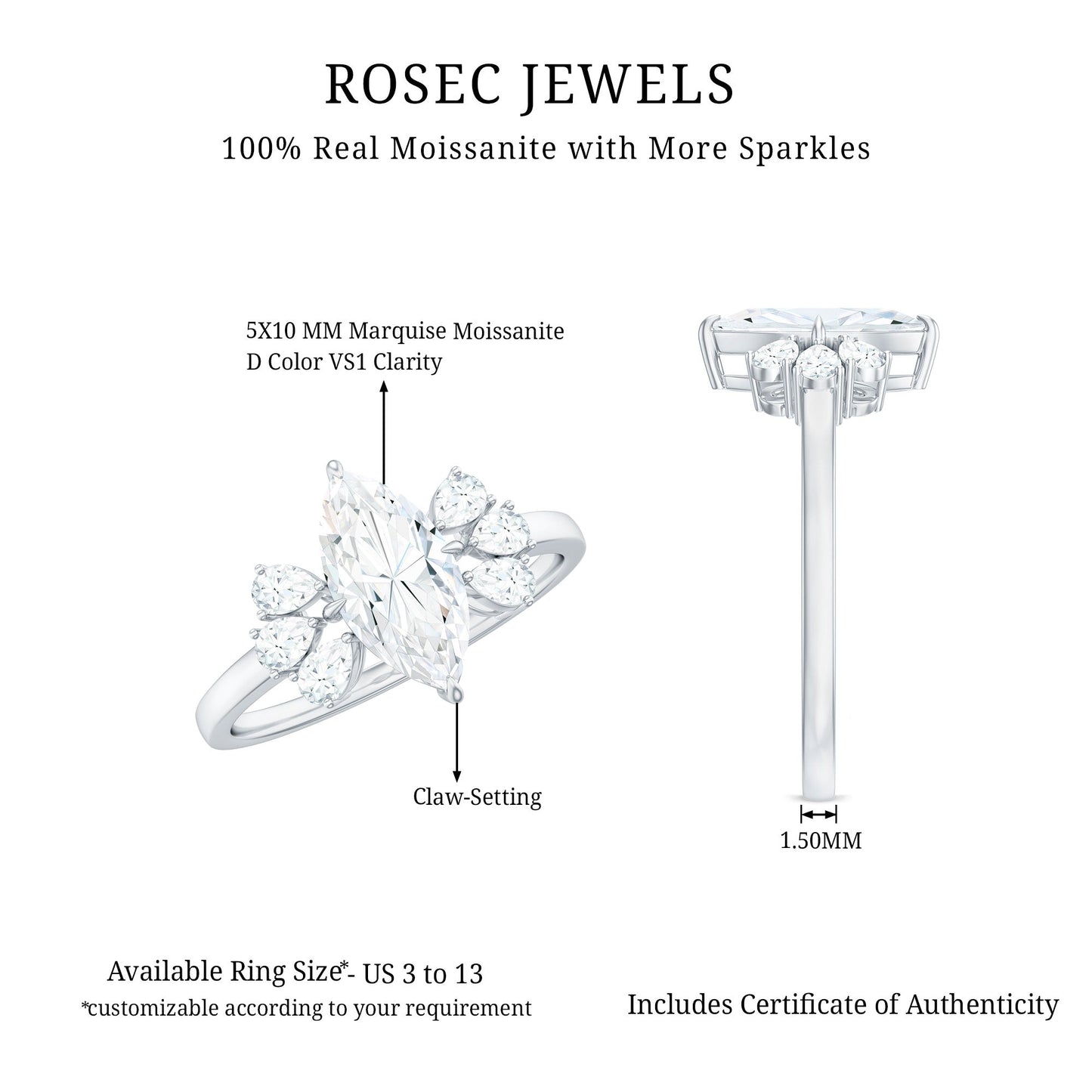 Marquise Cut Moissanite Engagement Ring with Trio