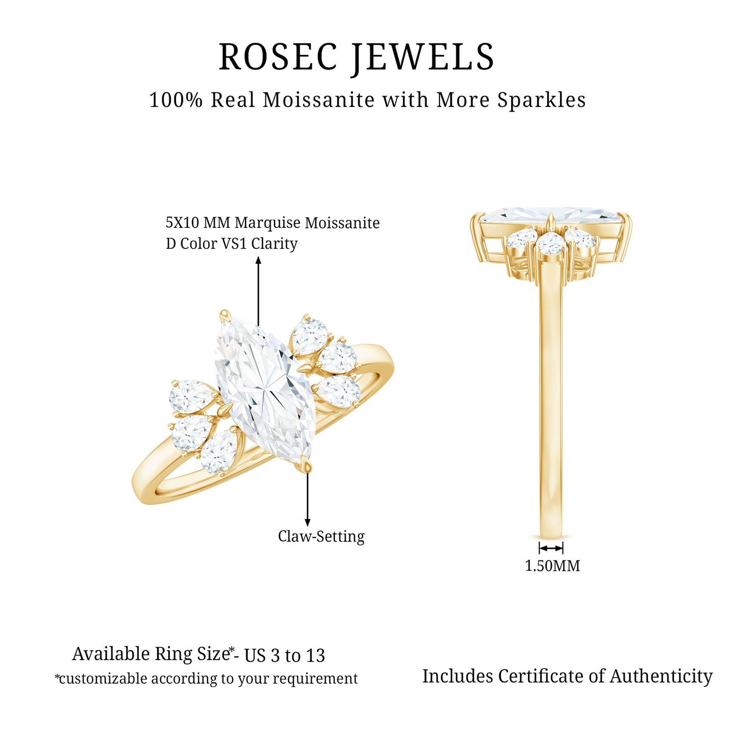 Marquise Cut Moissanite Engagement Ring with Trio