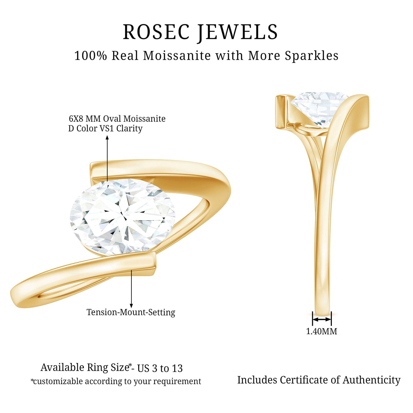 1.2 Carat Oval Moissanite Solitaire Engagement Ring with Bypass Shank