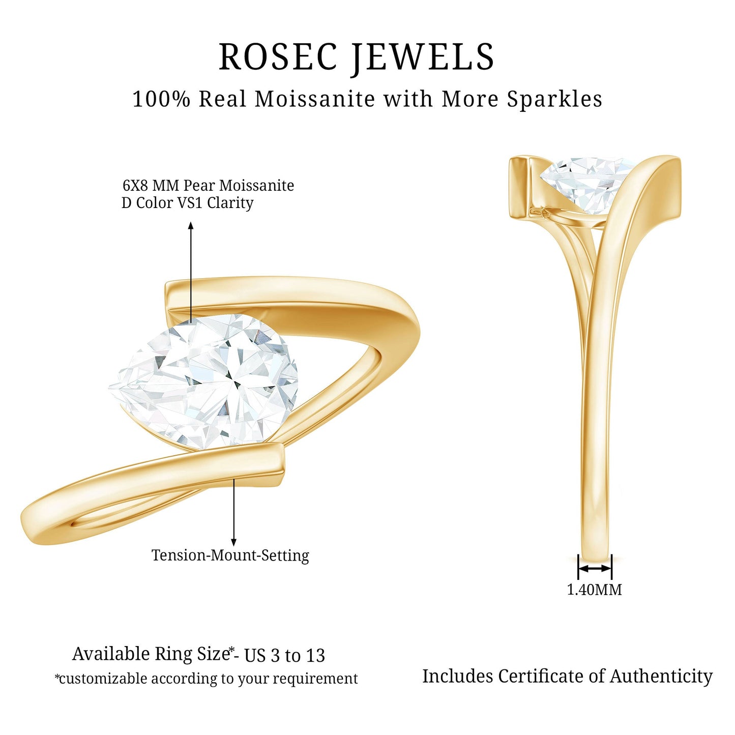 1.3 Carat Pear Cut Moissanite Engagement Ring In Tension Setting