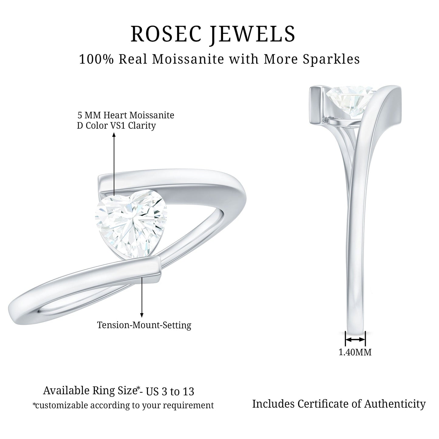 0.5 Carat Heart Moissanite Solitaire Promise Ring with Bypass Shank