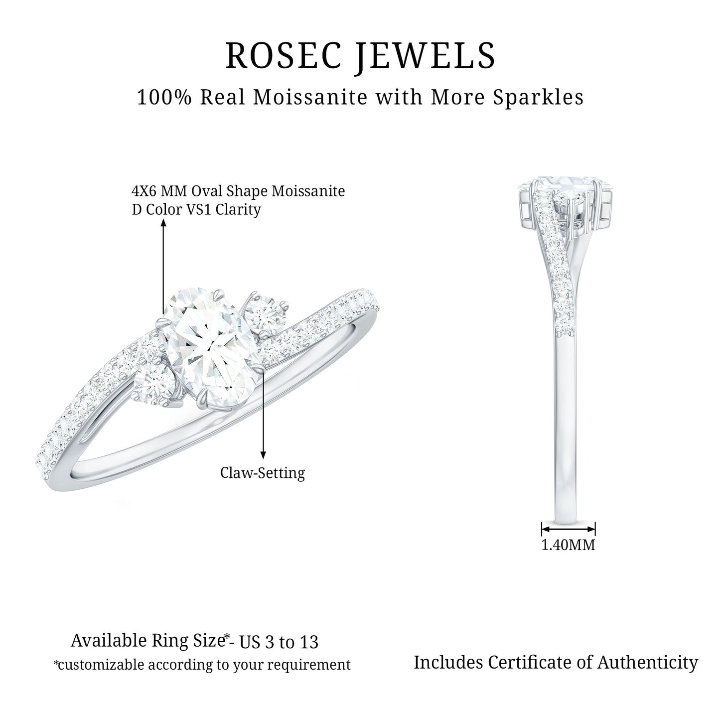 Oval Moissanite Bypass Engagement Ring with Side Stones