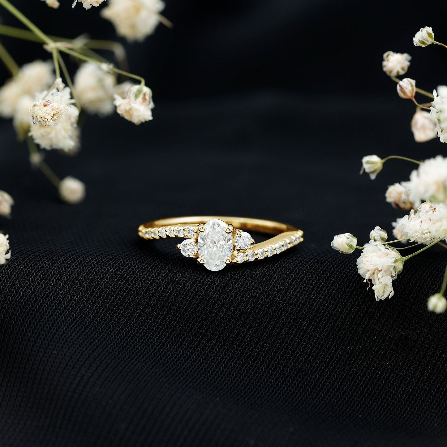 Oval Moissanite Bypass Engagement Ring with Side Stones