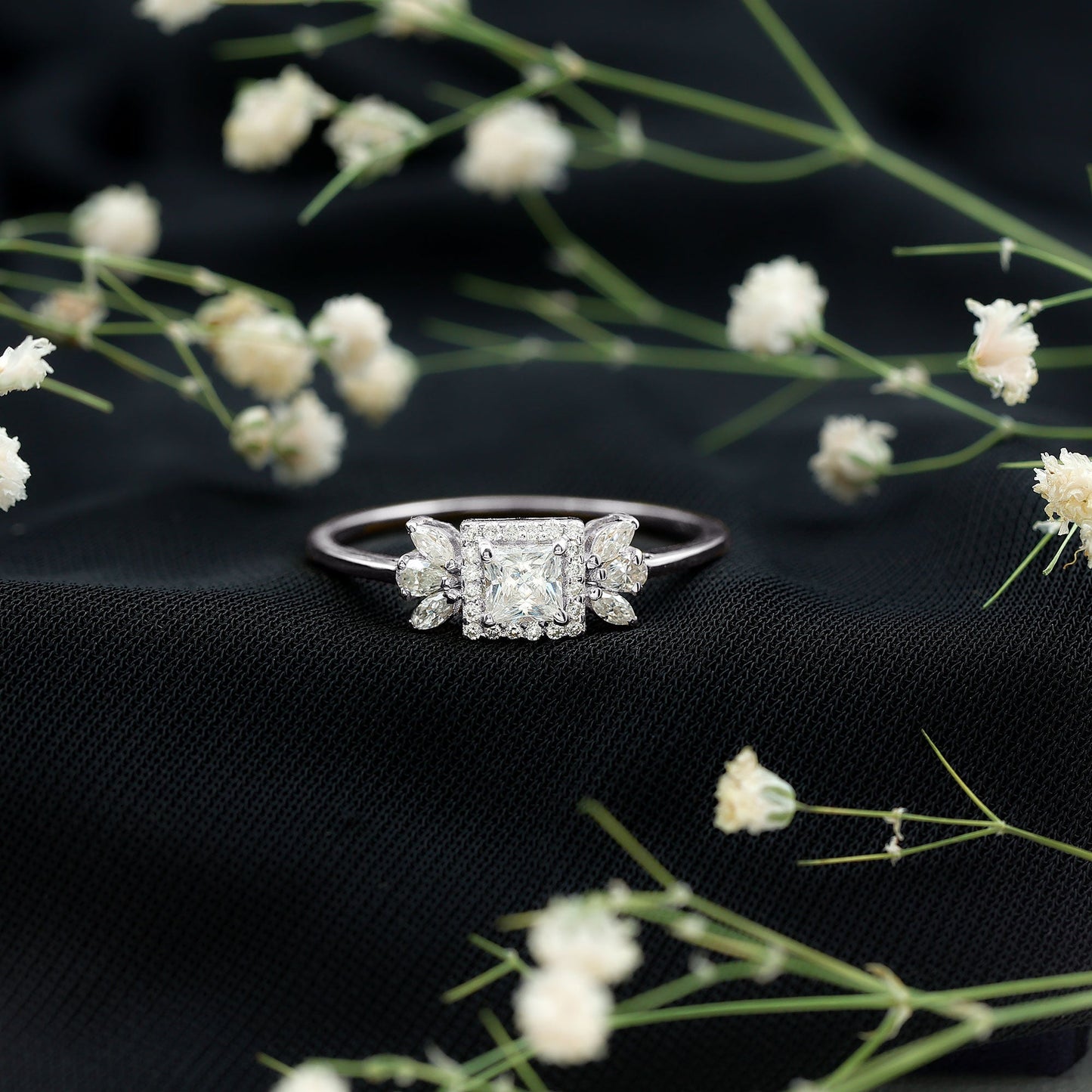 Princess Cut Moissanite Halo Engagement Ring with Certificate