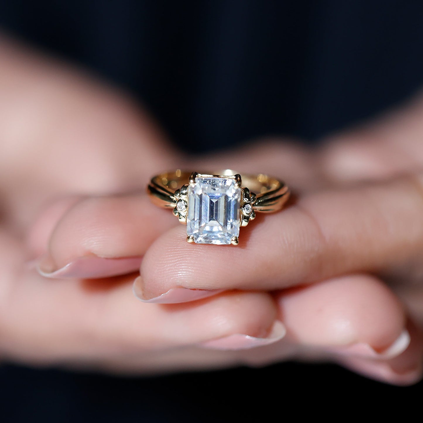 Certified Emerald Cut Moissanite Huge Engagement Ring