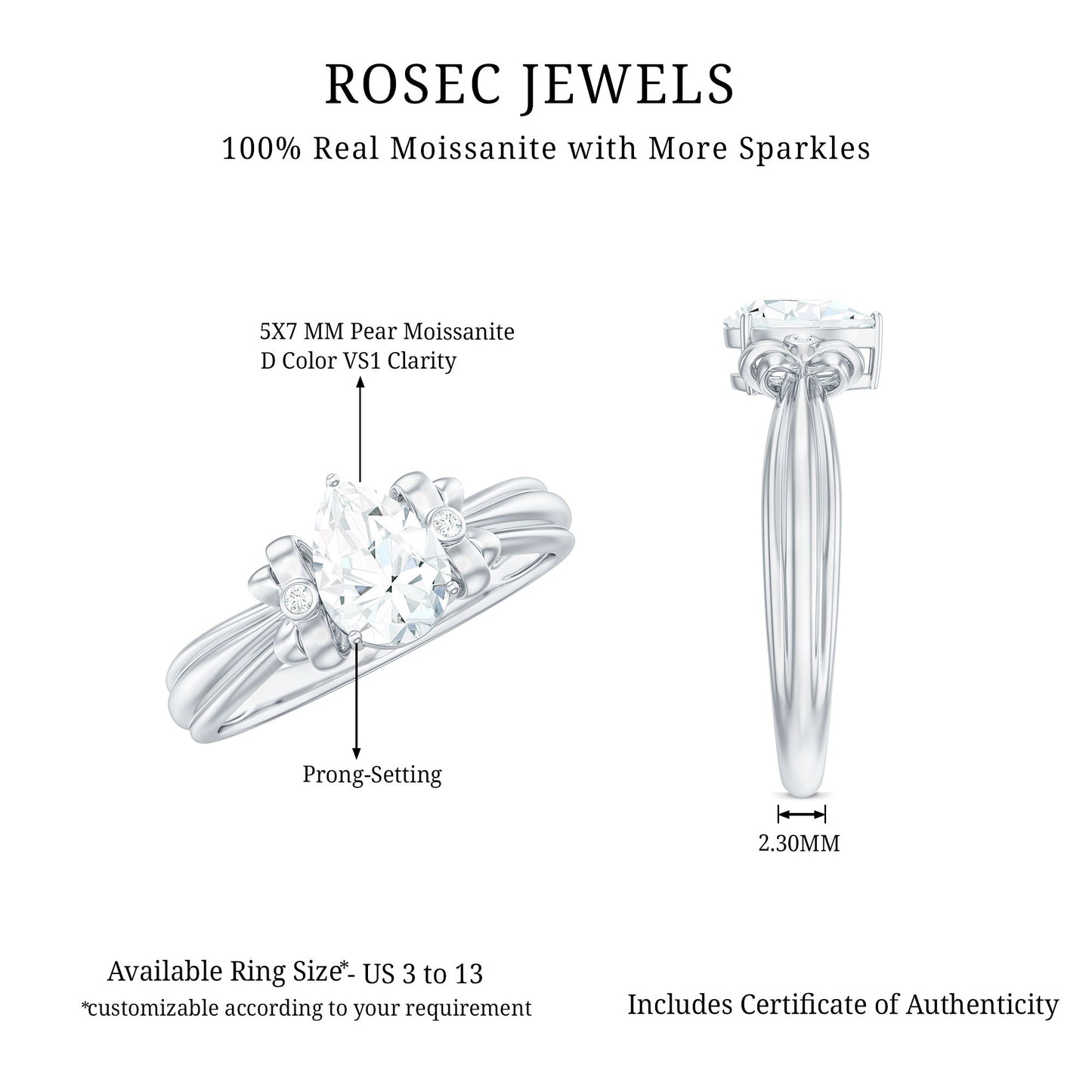 0.7 Carat Pear Shape Moissanite Bow Engagement Ring