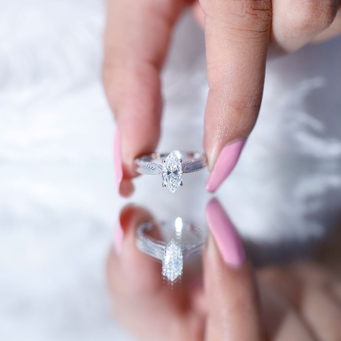 1 Carat Moissanite Marquise Engagement Ring with Leaf Engraved Shank