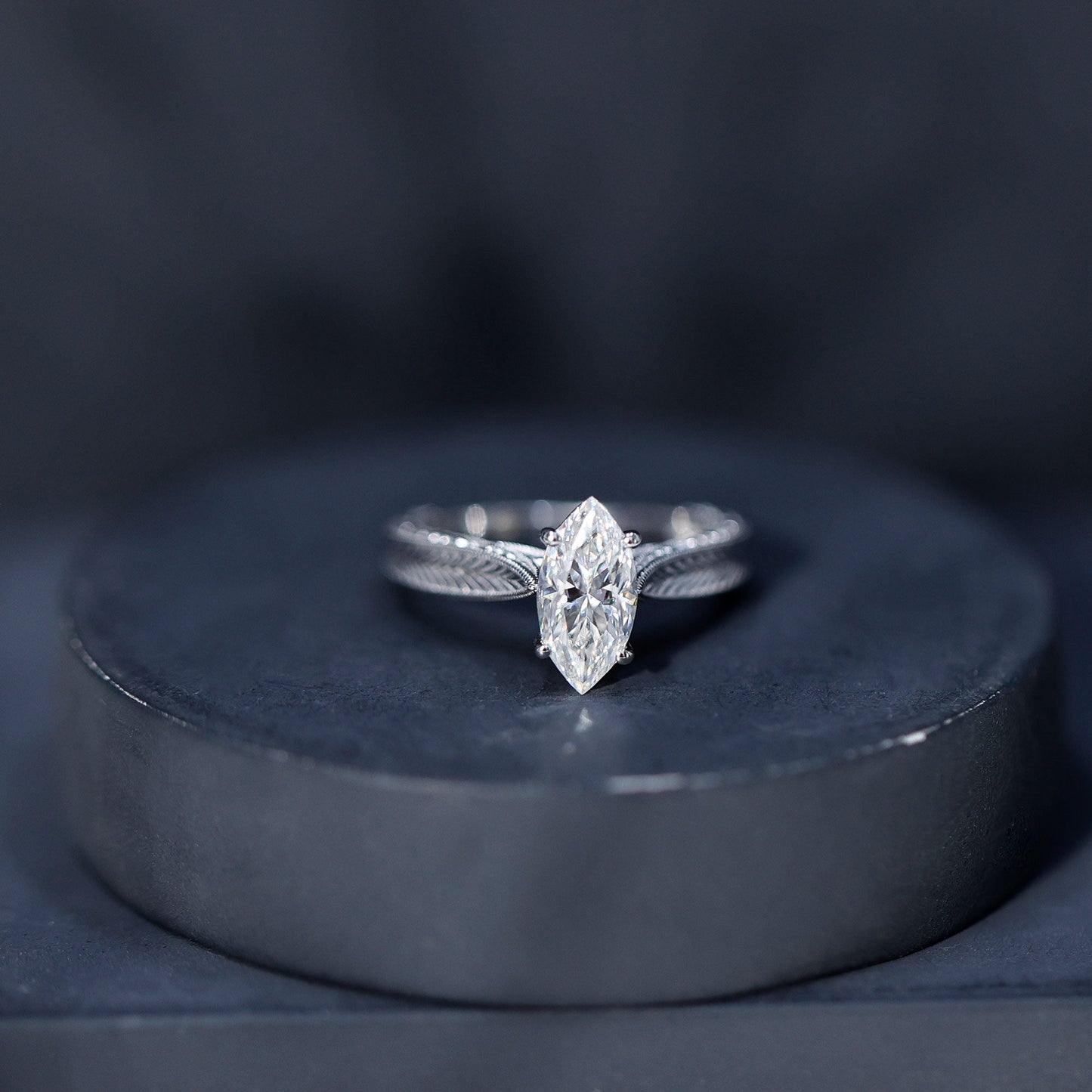 1 Carat Moissanite Marquise Engagement Ring with Leaf Engraved Shank