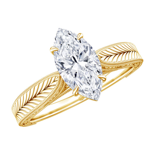 1 Carat Moissanite Marquise Engagement Ring with Leaf Engraved Shank