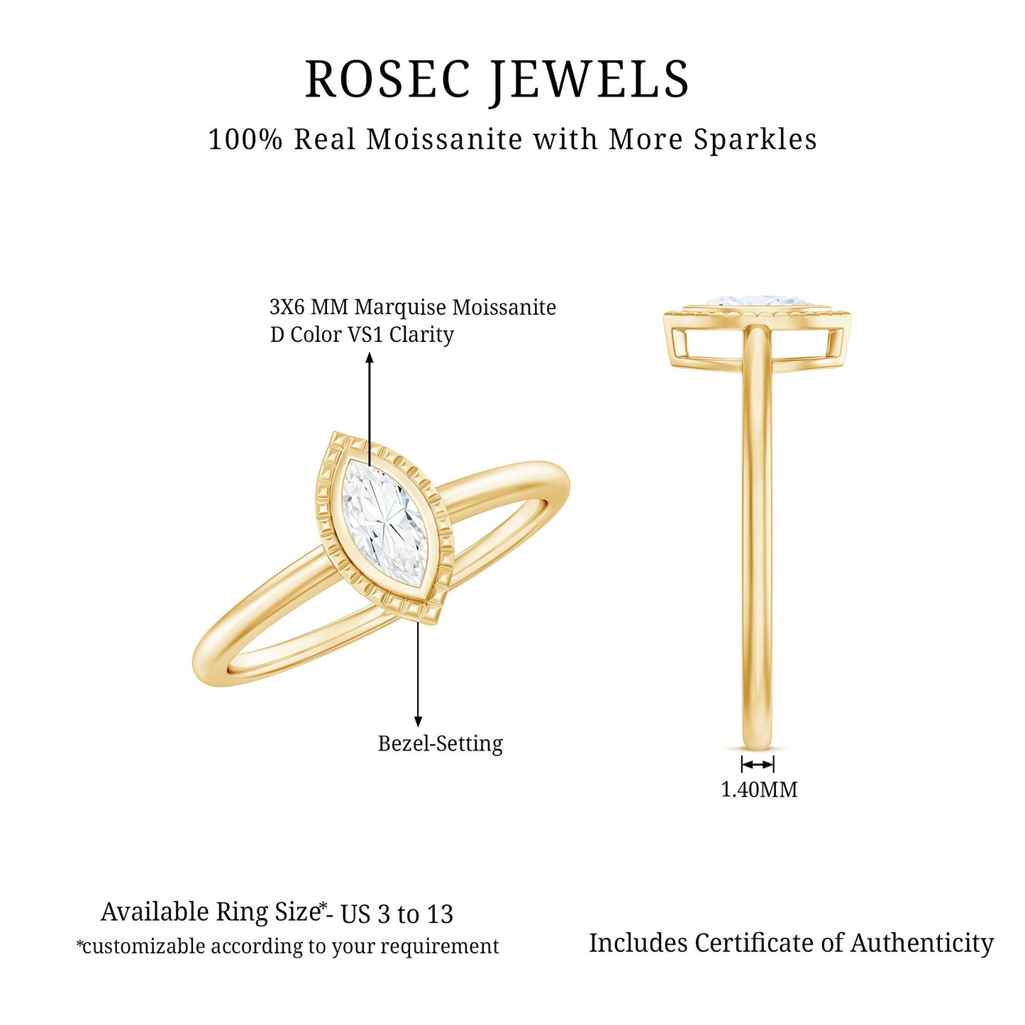 Marquise Cut Moissanite Solitaire Ring in Bezel Setting
