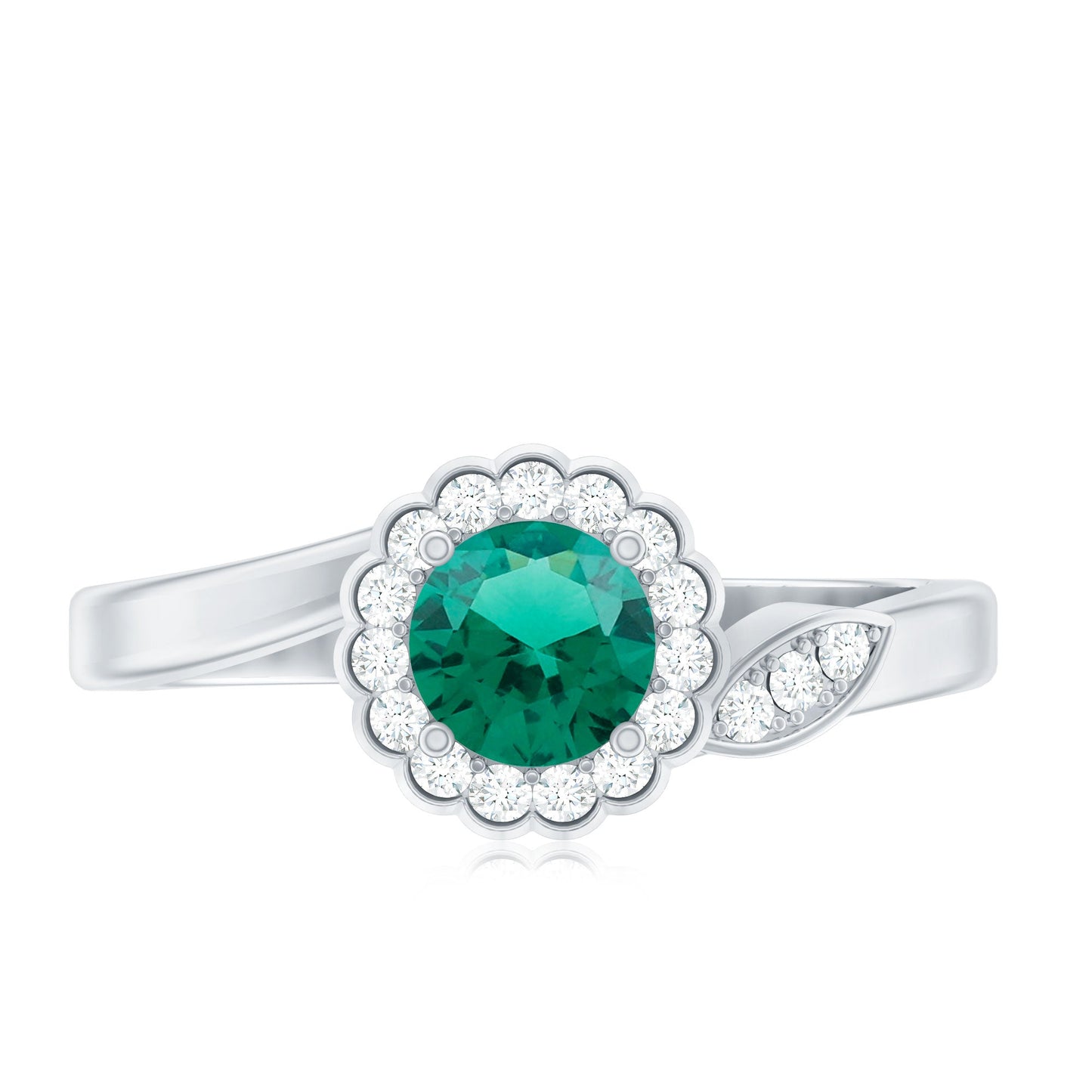 Nature Inspired Lab Grown Emerald Promise Ring with Diamond Halo