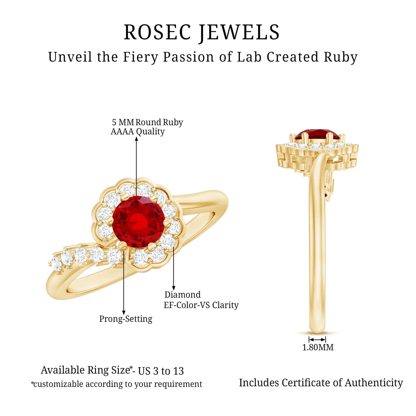 Certified Lab Created Ruby and Diamond Flower Engagement Ring