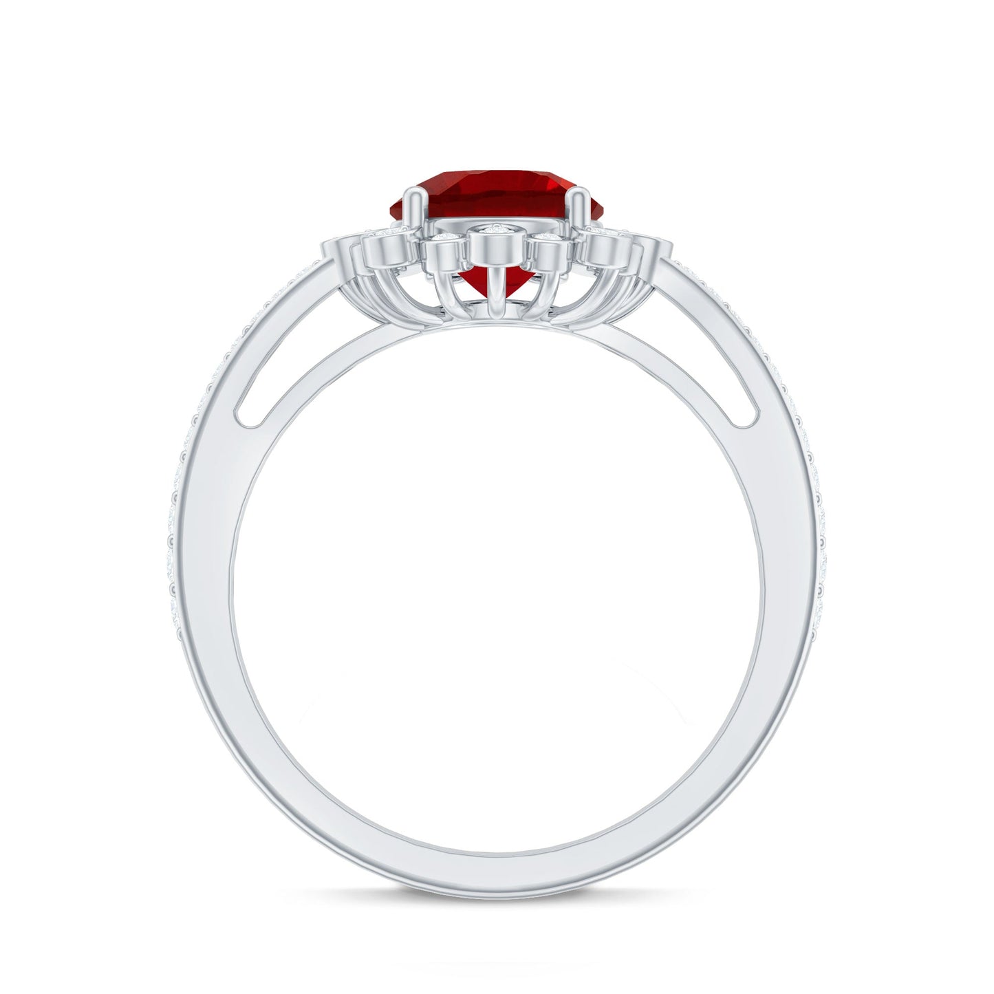 Vintage Style Lab Created Ruby and Diamond Halo Engagement Ring