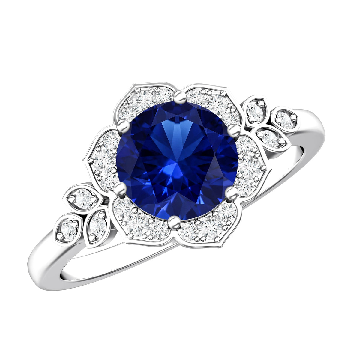 Round Created Blue Sapphire Flower Engagement Ring with Diamond