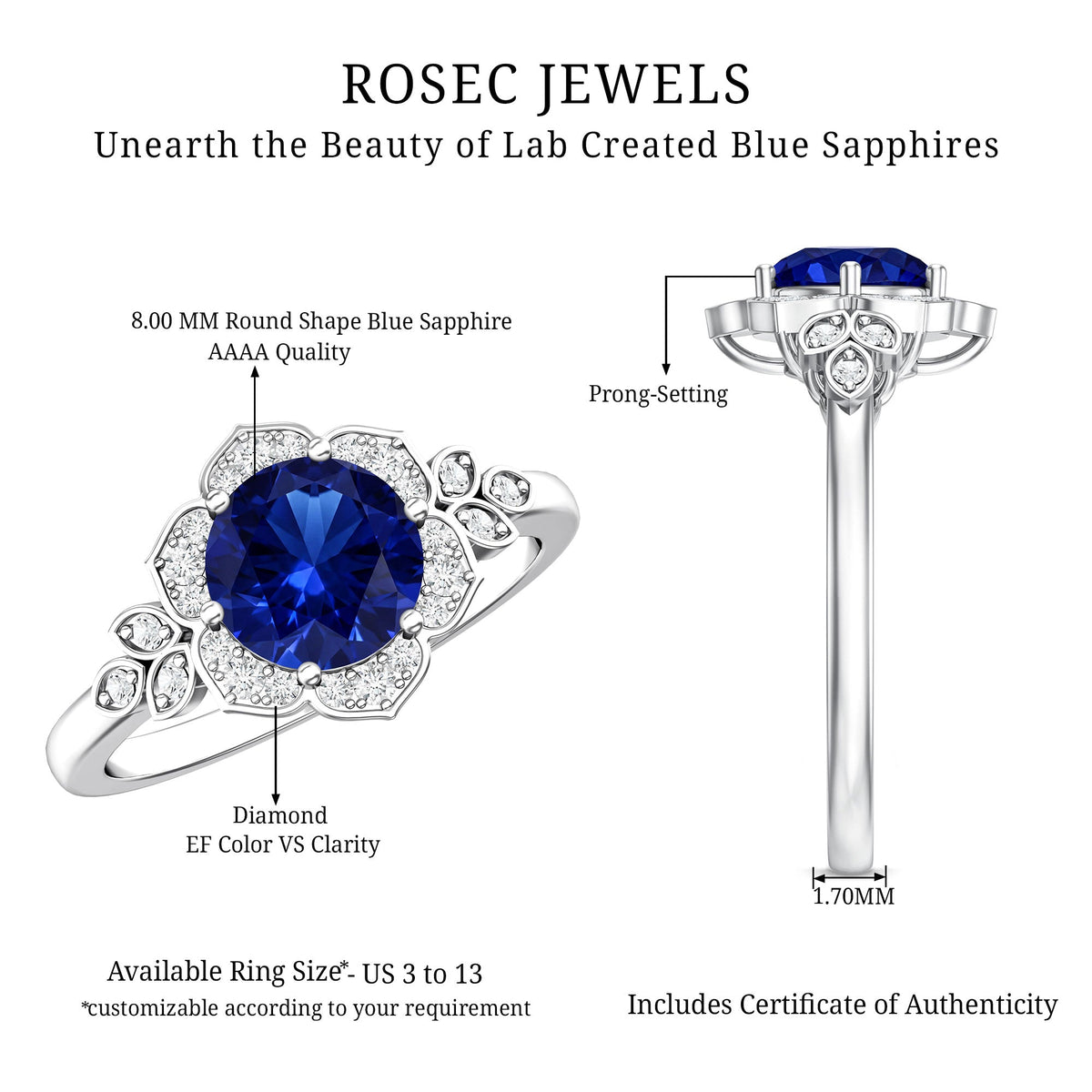 Round Created Blue Sapphire Flower Engagement Ring with Diamond