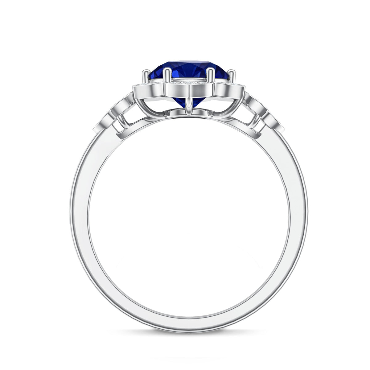 Round Created Blue Sapphire Flower Engagement Ring with Diamond