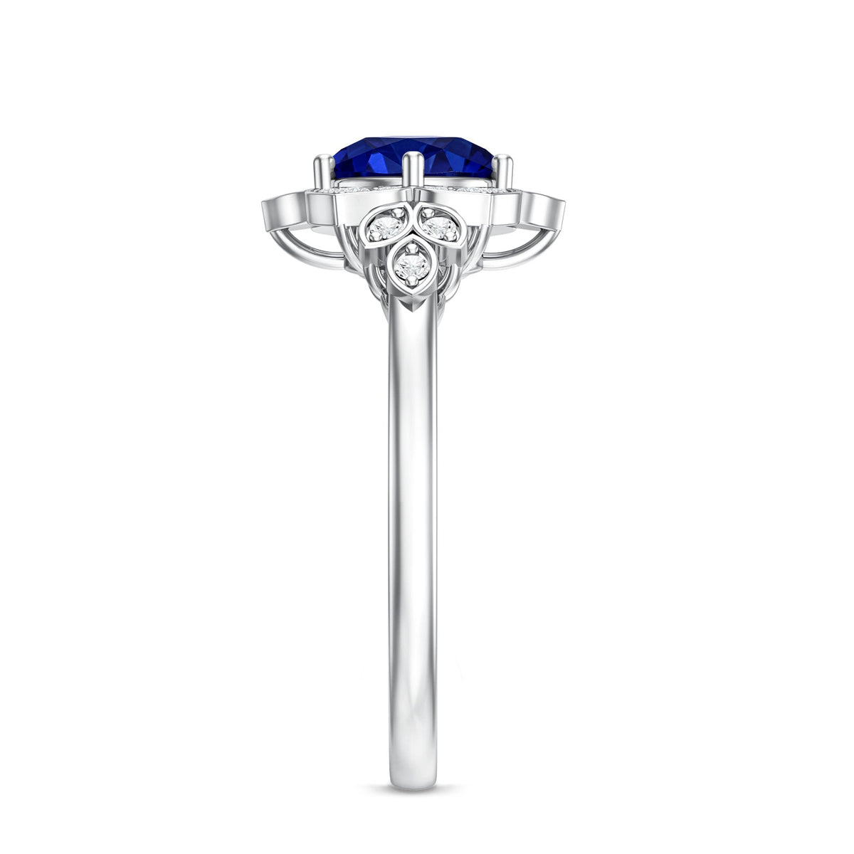Round Created Blue Sapphire Flower Engagement Ring with Diamond