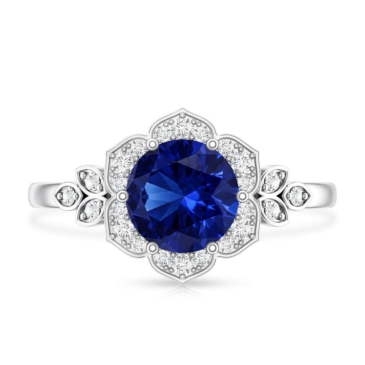 Round Created Blue Sapphire Flower Engagement Ring with Diamond