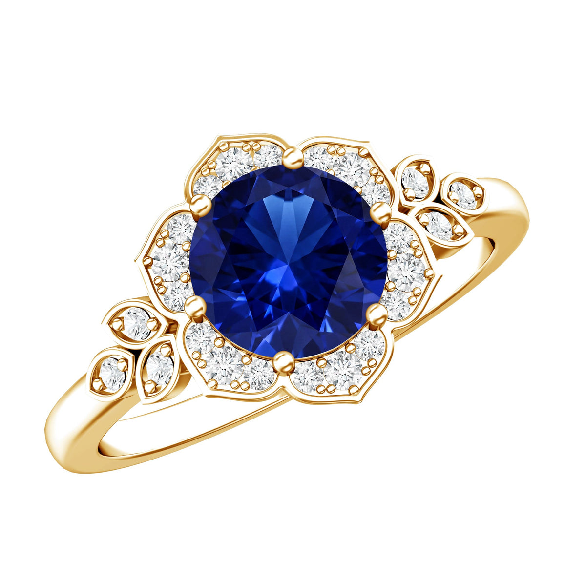 Round Created Blue Sapphire Flower Engagement Ring with Diamond